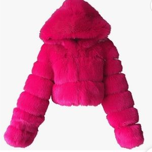 Faux fur pink Winter coat with hood soft touch very warm and sexy